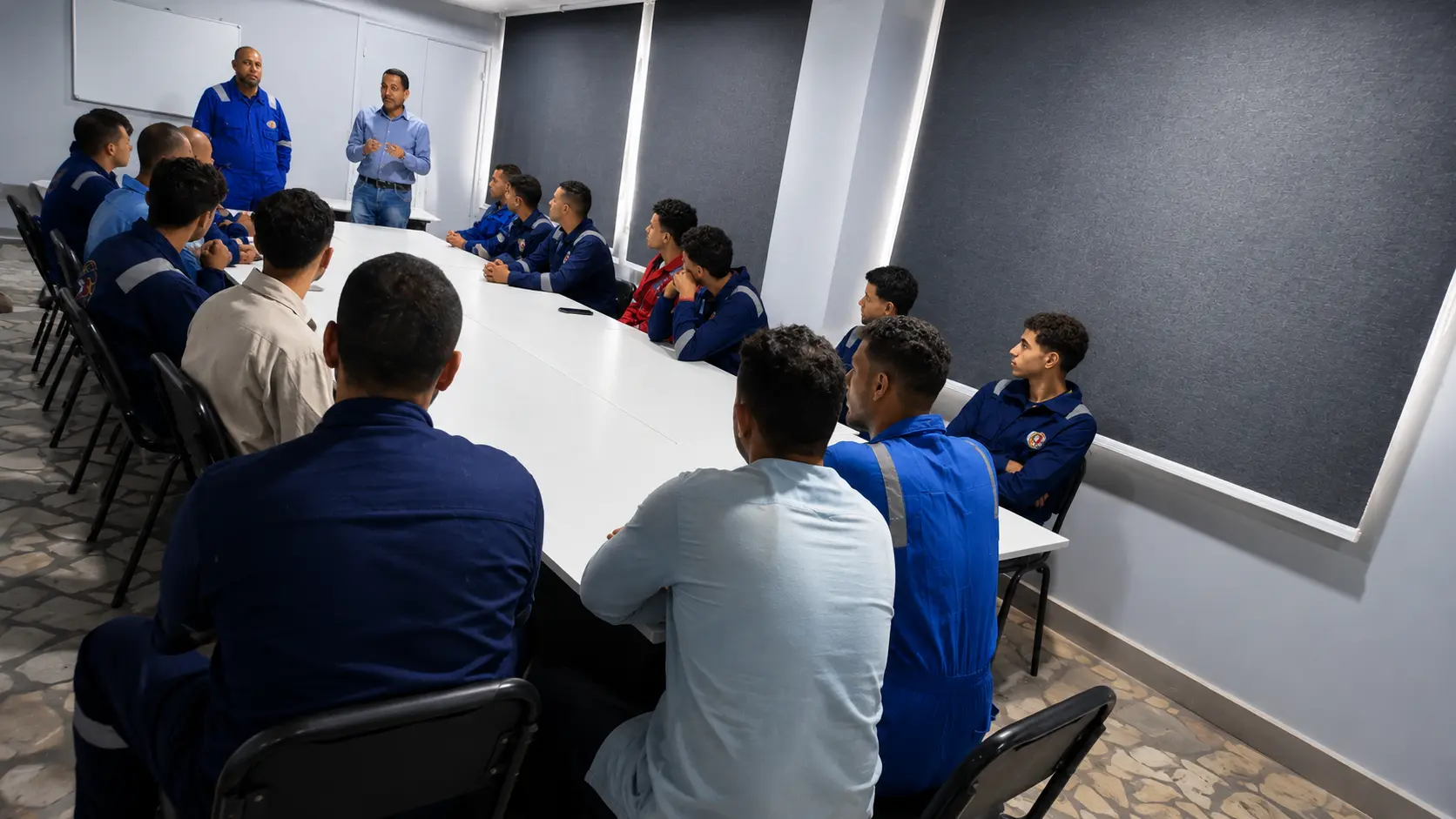 Instructor briefing a full cohort of trainees in coveralls in the Tarradco Academy theory hall