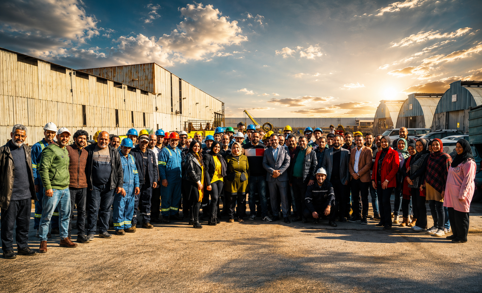 Tarradco management, instructors and technicians gathered outside the fabrication workshop at the Alexandria facility
